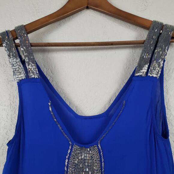 Silk Beaded Blouse Deep V Top Sheer Blue Silver - XS - Picture 2 of 6
